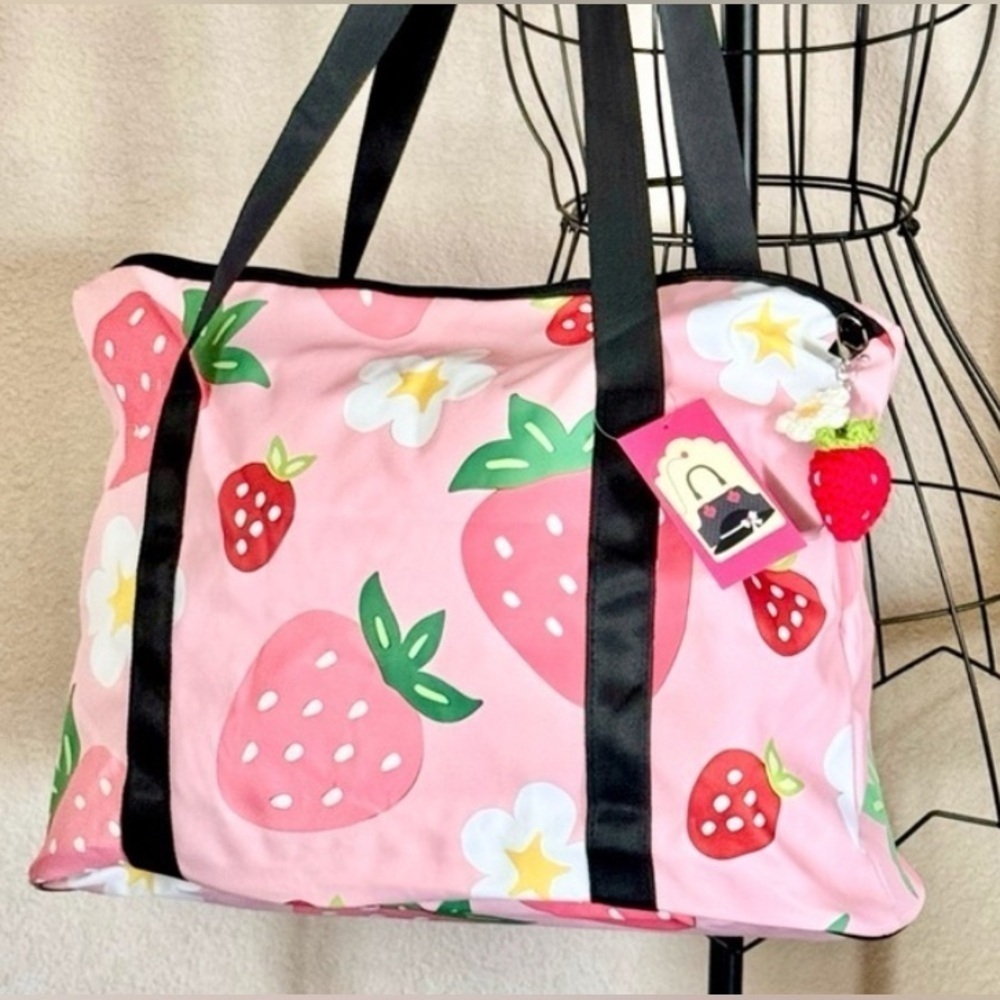 New Red & Pink Strawberry Tote Dance Cheer Bag w/ Zipper & Crochet Charm
